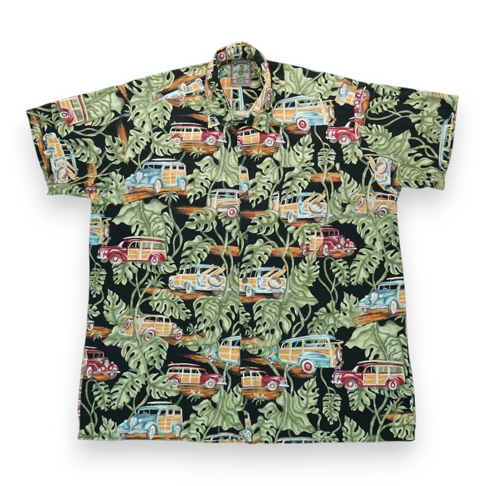 Vintage Whoola's Aloha Hawaiian Shirt, Automobile Car Transport Leaf Green 2XL